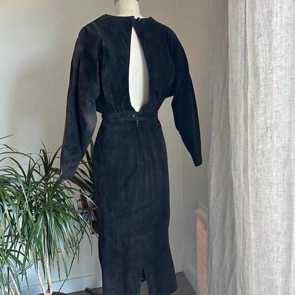 NORDSTROM BRASS PLUM Women's Small Dress Black Suede Leather MIDI SHEATH - Picture 1 of 4